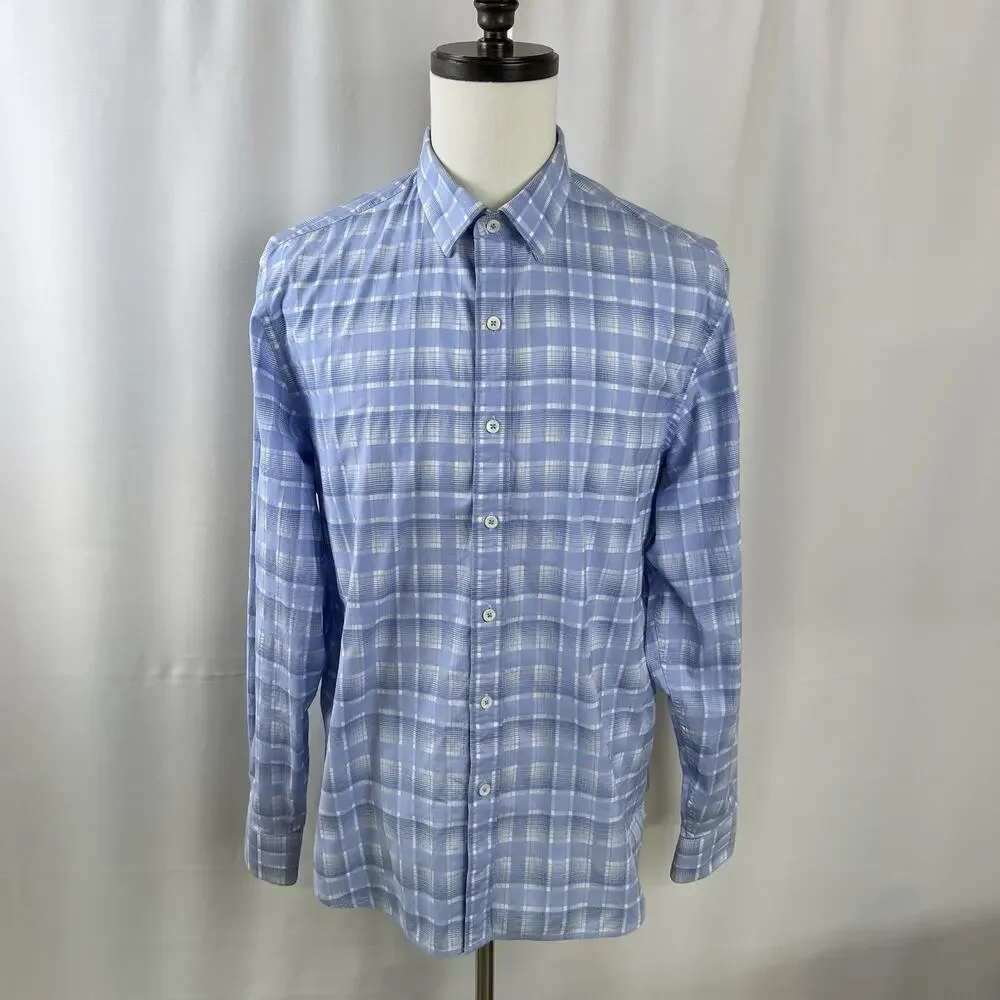 Bugatchi White & Blue Plaid Casual Button Down Shirt - Size Large - Classic Fit